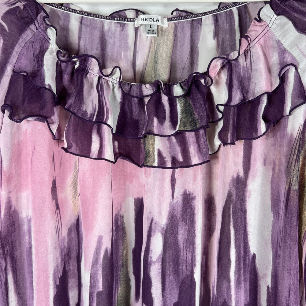 NICOLA Women's Sheer Purple Blouse Size L Abstract Print Long Sleeve Button-Up - Picture 9 of 15